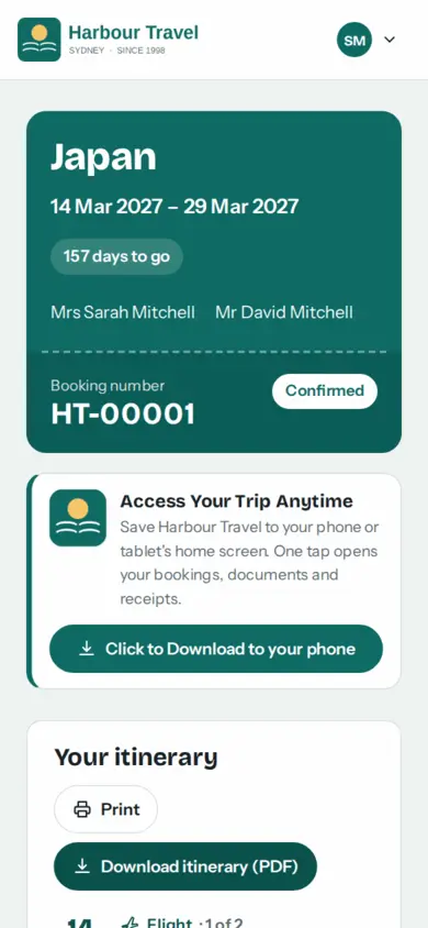 The customer portal on a phone showing a Japan trip, 157 days to go, with booking number and confirmed status