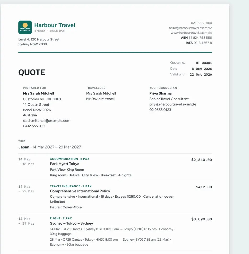 A quote for a Japan trip with the agency logo, traveller details and priced items for hotel, insurance and flights